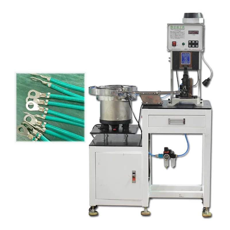 Losse klemmen krimpmachine met trilplaat toevoer, draad losse klem krimpmachine, kabelschoen krimpmachine, kunststof omhulsel terminal krimpmachine 